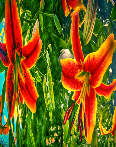 Leuchtend orangefarbene Lilien in einem bunten, grünen Hintergrund.
